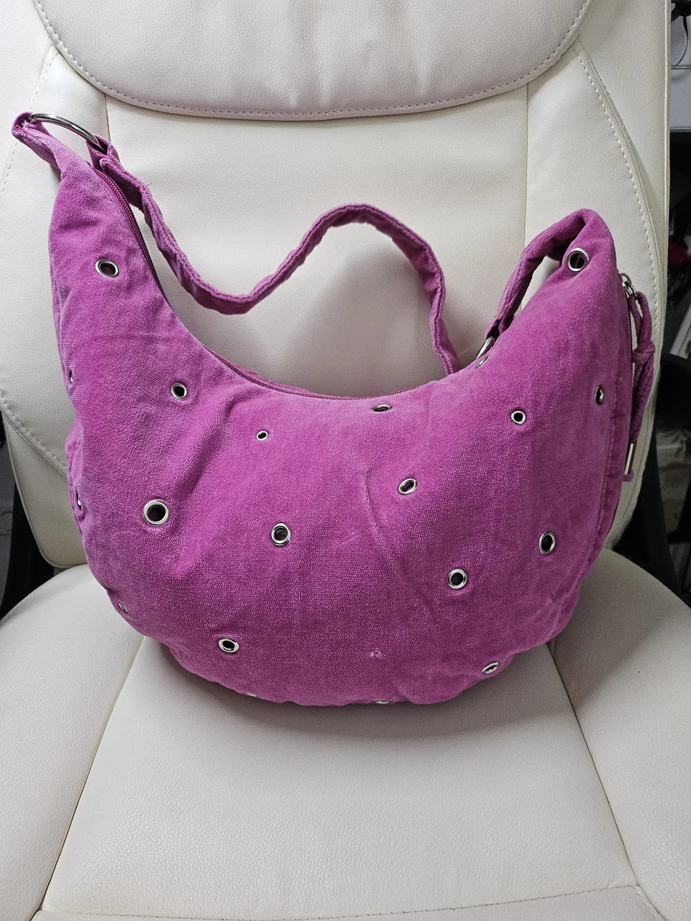 Suede-Effect Hobo Bag in Fuchsia with Eyelet Detail